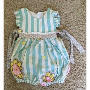 Tutu and Lulu Girls Blue Stripe Floral Romper Ruffles and Polka Dots 6-12 Months